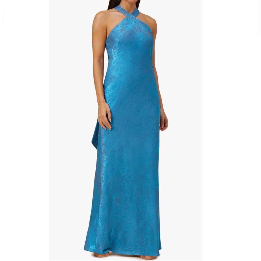 Adrianna Papell Ocean Dream Blue Foil Sleeveless Halter Chiffon Gown - Reemoly